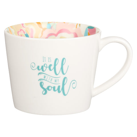 Well With My Soul Ceramic Mug in White with Floral Interior