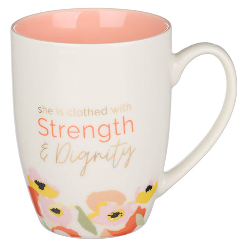 Strength and Dignity Peach Poppy Ceramic Coffee Mug - Proverbs 31:25