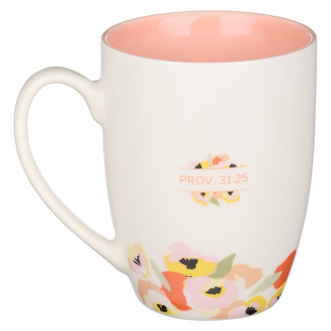 Strength and Dignity Peach Poppy Ceramic Coffee Mug - Proverbs 31:25