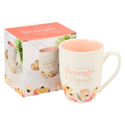 Strength and Dignity Peach Poppy Ceramic Coffee Mug - Proverbs 31:25