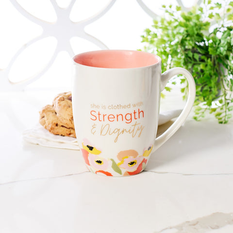 Strength and Dignity Peach Poppy Ceramic Coffee Mug - Proverbs 31:25