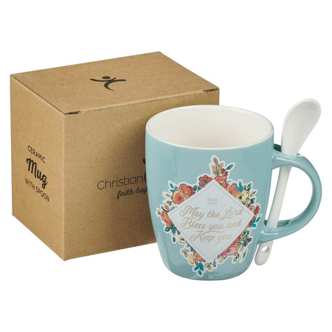 Bless You and Keep You Teal Ceramic Coffee Mug with Spoon - Numbers 6:24