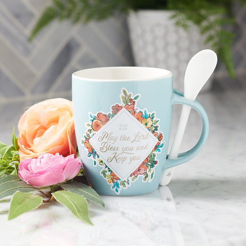Bless You and Keep You Teal Ceramic Coffee Mug with Spoon - Numbers 6:24