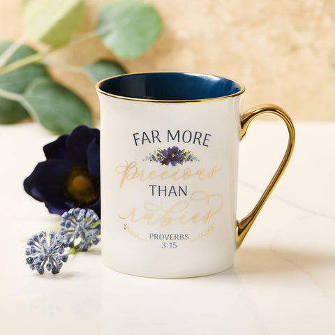 More Precious than Rubies White and Blue Ceramic Coffee Mug - Proverbs 3:15
