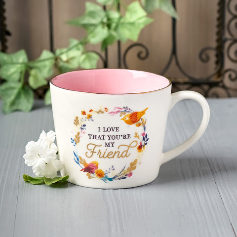 I Love That You Are My Friend White and Pink Ceramic Coffee Mug - Proverbs 27: 9-11