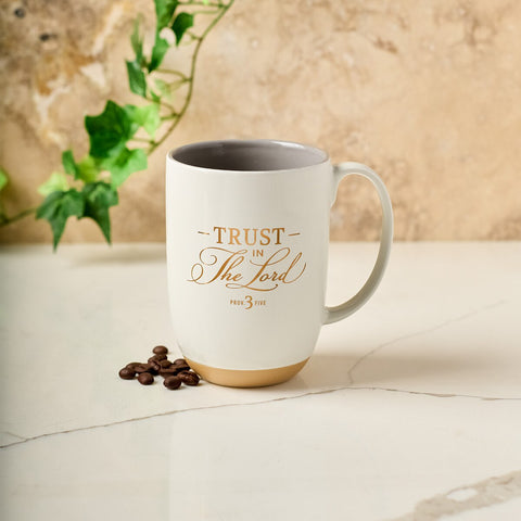 Trust in the Lord white Ceramic Coffee Mug with Exposed Clay Base - Proverbs 3:5