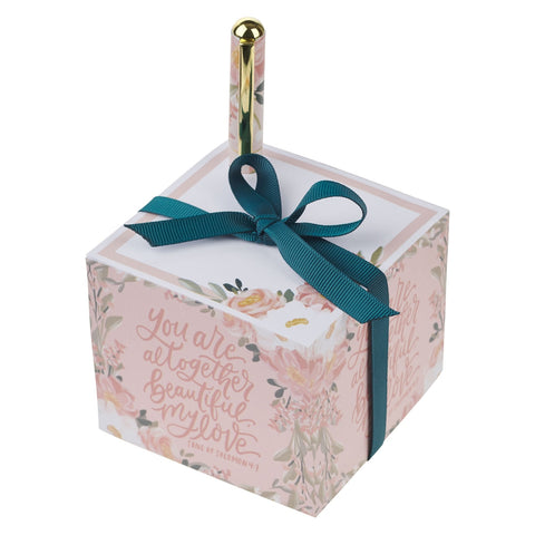 You Are Altogether Beautiful Pink Floral Note Block with Pen Set - Song of Solomon 4:7