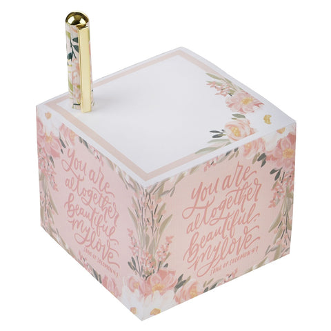 You Are Altogether Beautiful Pink Floral Note Block with Pen Set - Song of Solomon 4:7