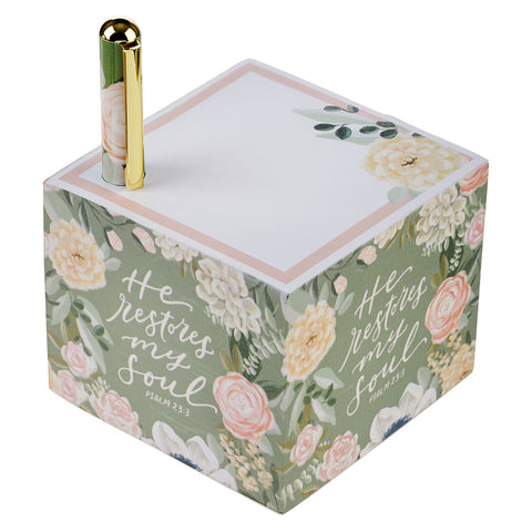 He Restores My Soul Green Floral Note Block and Pen Set - Psalm 23:3