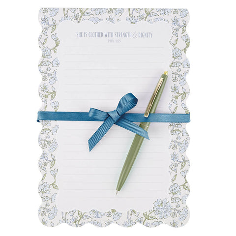 Strength and Dignity Blue Cottage Garden Scalloped Notepad and Pen Gift Set - Proverbs 31:25