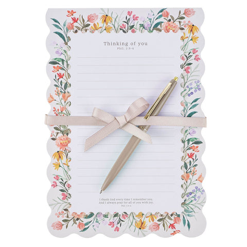 Thinking of You Cream Bouquet Notepad and Pen Gift Set - Philippians 1:3-4