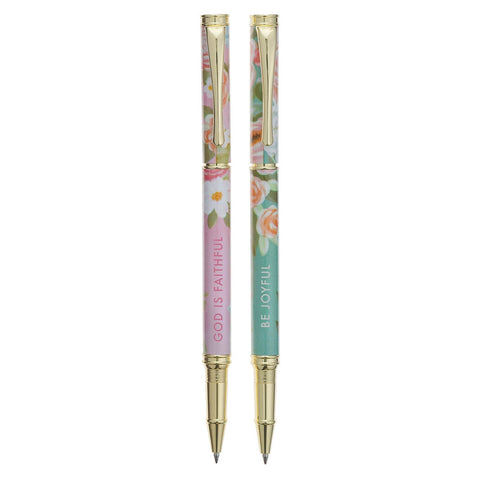 Joyful and Faithful Pink and Green Floral Pen Set