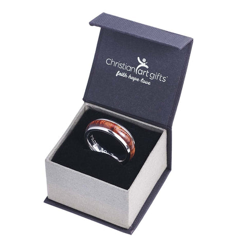Stainless Steel Men's Ring with Wood Accent: Righteous Man - Proverbs 20:7