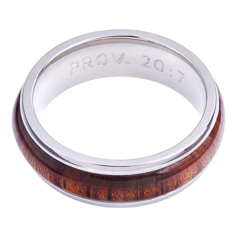 Stainless Steel Men's Ring with Wood Accent: Righteous Man - Proverbs 20:7