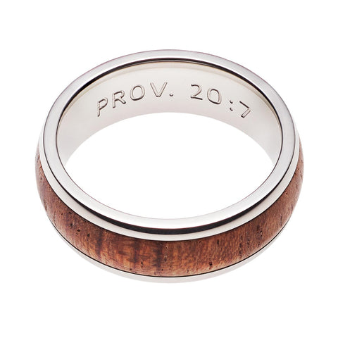 Stainless Steel Men's Ring with Wood Accent: Righteous Man - Proverbs 20:7