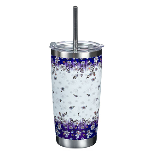 Be Still & Know Blue Floral Stainless Steel Travel Mug with Reusable Stainless Steel Straw - Psalm 46:10