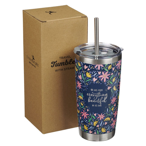 Everything Beautiful Stainless Steel Travel Mug with Reusable Stainless Steel Straw - Ecclesiastes 3:11