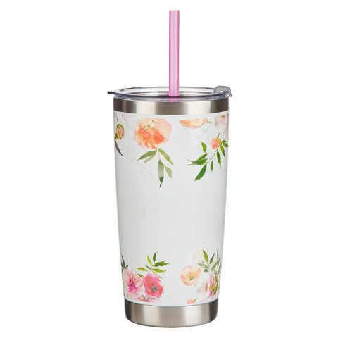 Bless You and Keep You White Floral Stainless Steel Travel Tumbler with Straw - Numbers 6:24-25