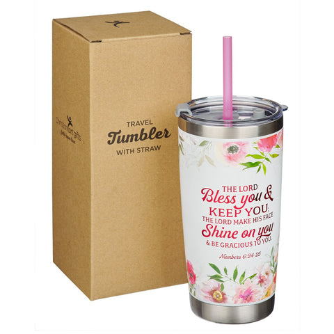 Bless You and Keep You White Floral Stainless Steel Travel Tumbler with Straw - Numbers 6:24-25