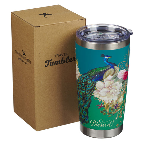 Blessed Blue Peacock Stainless Steel Travel Tumbler - Jeremiah 17:7