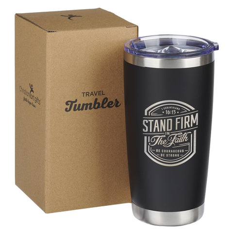 Stand Firm Black Stainless Steel Travel Tumbler - 1 Corinthians 16:13