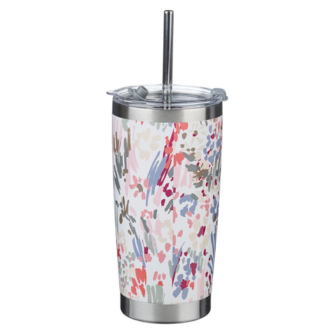 White Floral Everything Beautiful Stainless Steel Travel Mug with Reusable Stainless Steel Straw - Ecclesiastes 3:11