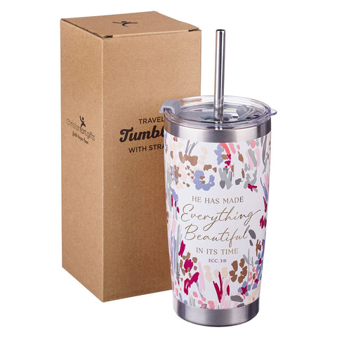 White Floral Everything Beautiful Stainless Steel Travel Mug with Reusable Stainless Steel Straw - Ecclesiastes 3:11