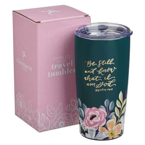 Be Still Teal Floral Stainless Steel Travel Tumbler - Psalm 46:10