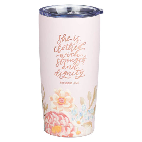 Strength and Dignity Pink Floral Stainless Steel Travel Tumbler - Proverbs  31:25