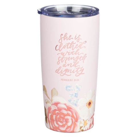 Strength and Dignity Pink Floral Stainless Steel Travel Tumbler - Proverbs  31:25