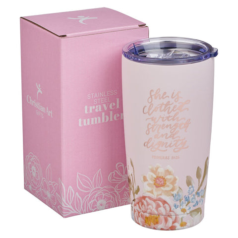 Strength and Dignity Pink Floral Stainless Steel Travel Tumbler - Proverbs  31:25