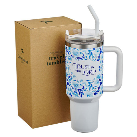 Trust in the Lord Blue Botany 40 oz Stainless Steel Travel Tumbler with Straw - Proverbs 3:5