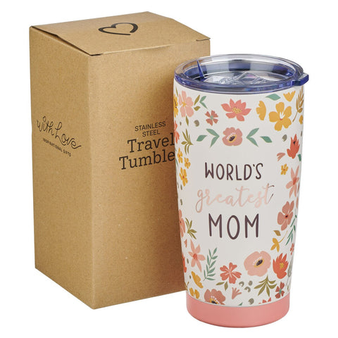 World's Greatest Mom Peach Floral Stainless Steel Travel Tumbler