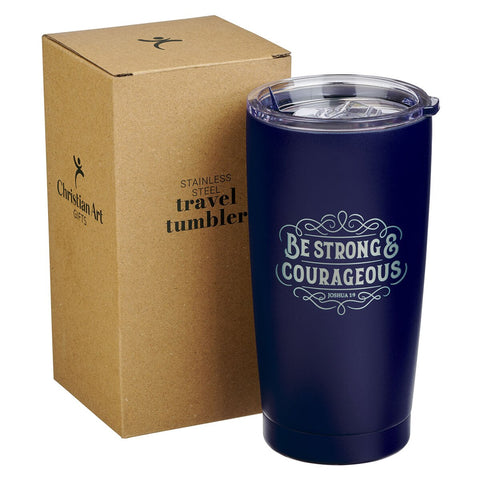 Strong and Courageous Navy Blue Stainless Steel Travel Tumbler - Joshua 1:9