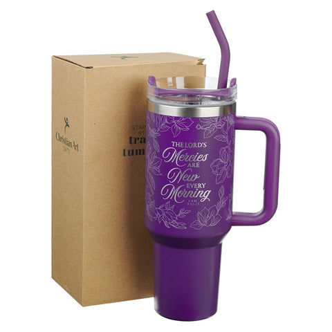New Mercies Purple Floral 40 oz Stainless Steel Tumbler with Straw - Lamentations 3:22-23
