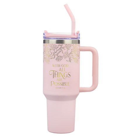 Things Are Possible Blush 40 oz Stainless Steel Travel Tumbler - Matthew 19:26