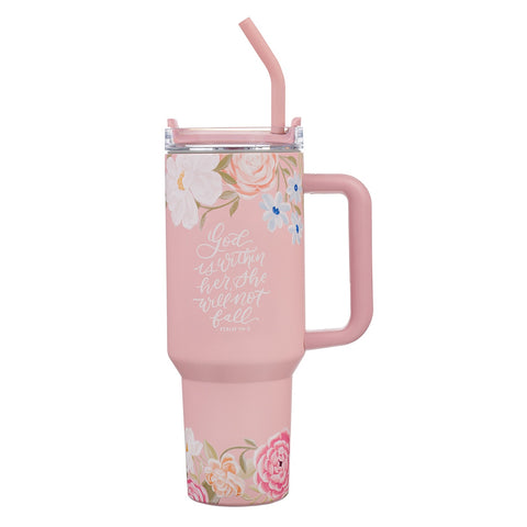 God is With Her Pink Floral 40 oz Stainless Steel Tumbler with Straw