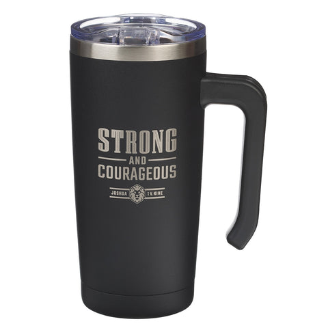 Strong and Courageous Black Stainless Steel Travel Mug with Handle Joshua 1:9