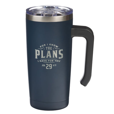 The Plans for You Navy Stainless Steel Travel Mug with Handle - Jeremiah 29:11