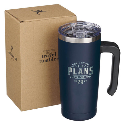 The Plans for You Navy Stainless Steel Travel Mug with Handle - Jeremiah 29:11