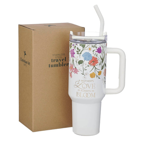 Grace White Wildflower 40 oz Stainless Steel Tumbler with Straw - 2 Corinthians 12:9