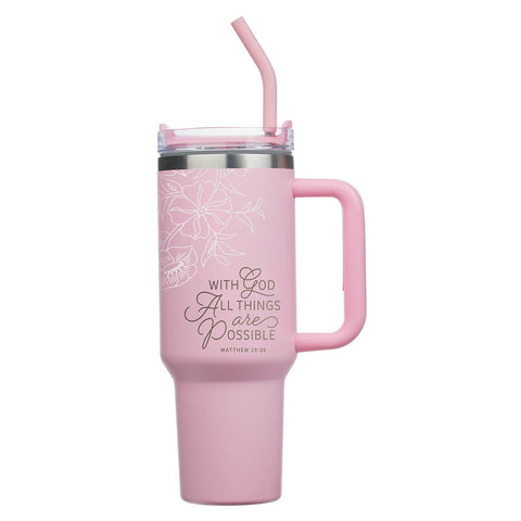 Things Are Possible Pink Poppy Stainless Steel Tumbler with Straw - Matthew 19:26