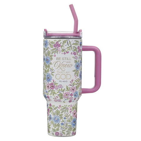 Be Still and Know Purple Floral 40 oz Stainless Steel Tumbler with Straw - Psalm 46:10