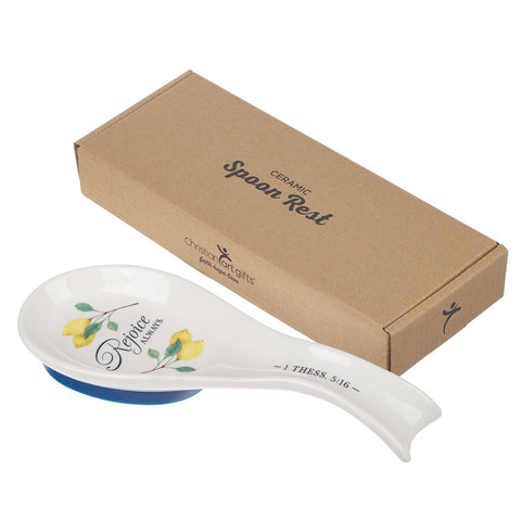 Rejoice Always White Lemon Ceramic Spoon Rest - 1 Thessalonians 5:16