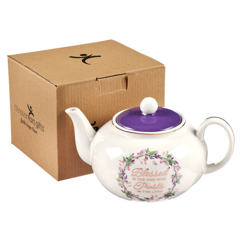 Blessed Purple Floral Ceramic Teapot - Jeremiah 17:7