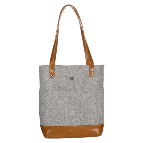 Silver Heart Heather Gray Felt and Toffee Brown Faux Leather Fashion Bible Tote Bag