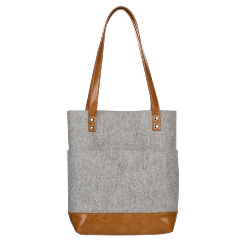Silver Heart Heather Gray Felt and Toffee Brown Faux Leather Fashion Bible Tote Bag