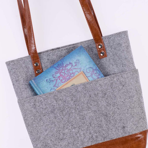 Silver Heart Heather Gray Felt and Toffee Brown Faux Leather Fashion Bible Tote Bag