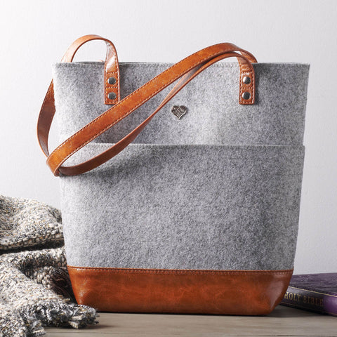 Silver Heart Heather Gray Felt and Toffee Brown Faux Leather Fashion Bible Tote Bag