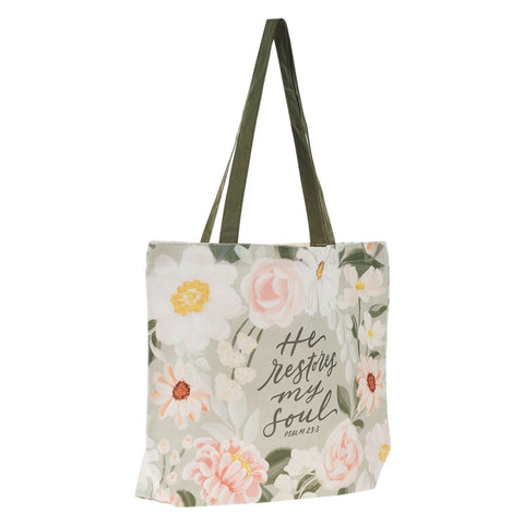 He Restores My Soul Green Floral Garden Tote Bag - Psalm 23:3